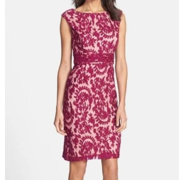 Adrianna Papell Pink & Nude Lace Overlay Sheath Dress Sz 16 - Picture 1 of 11